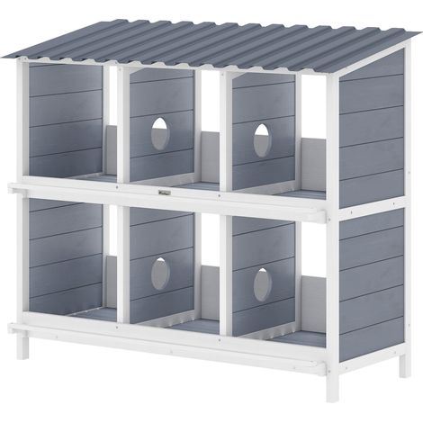 Nichoir surélevé en bois pour poules – 6 compartiments, 2 perchoirs, gris 102x50x91 cm (1/5)