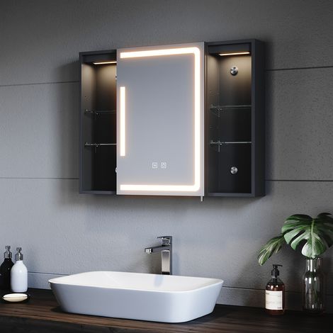 SONNI Spiegelschrank Bad mit Beleuchtung und Steckdose LED Spiegelschrank mit Touch-Schalter, 3 Einstellbare Lichtfarben Beschlagfrei, Mit Ablagefläche 80×60 cm