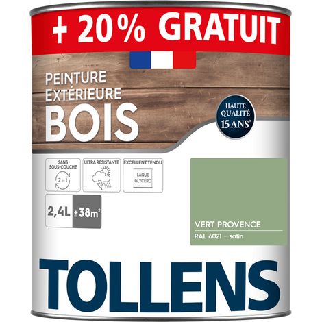 Tollens – Peinture bois extérieur satin vert provence RAL 6021 2L – Ultra résistante aux intempéries – Économie d'application – Rendement 16 m²/L