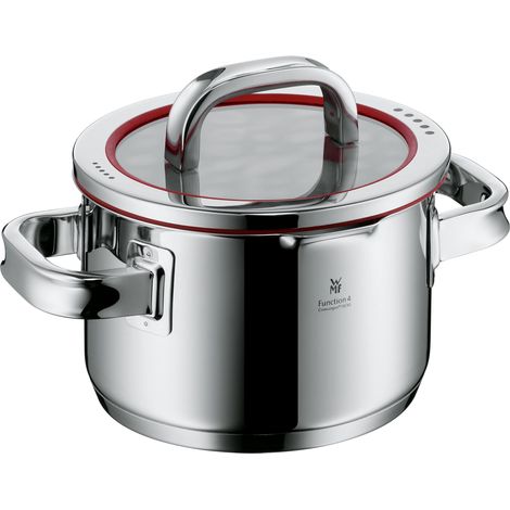 marmite petite 16 cm, couvercle en verre, marmite à viande induction 1,9 l, acier inoxydable poli, 4 fonctions de versement, graduation interne, rouge (1/5)