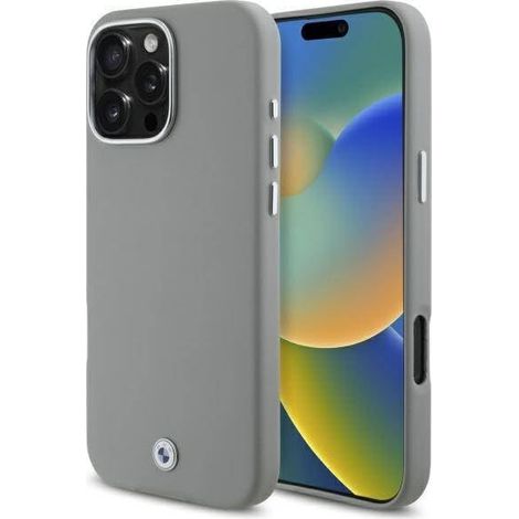 Coque rigide BMW BMHMP16X23PUFWG pour iPhone 16 Pro Max 6,9" grise/grise, entièrement recouverte de métal et compatible MagSafe.