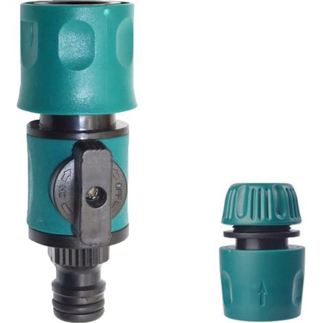 Quick release shut-off valve for joining garden hose, male and female connector with matching quick connectors (1/5)