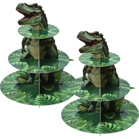 Présentoir à muffins dinosaure à 3 étages (lot de 2), présentoir rond en carton pour cupcakes, idéal pour une fête prénatale ou un anniversaire. (1/5)