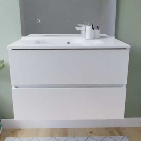 Meuble salle de bain suspendu 80 cm ROSALY INOX- Blanc- Plan vasque en Résine