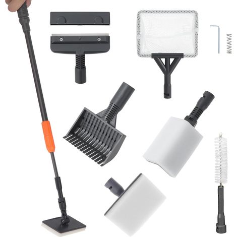 Outils de Nettoyage D'aquarium 6 en 1 avec Long Manche Télescopique, Grattoir, Filet de Pêche, Brosse de Nettoyage éponge, Râteau de Sable pour Le Nettoyage des Algues dans Les Aquariums (1/5)