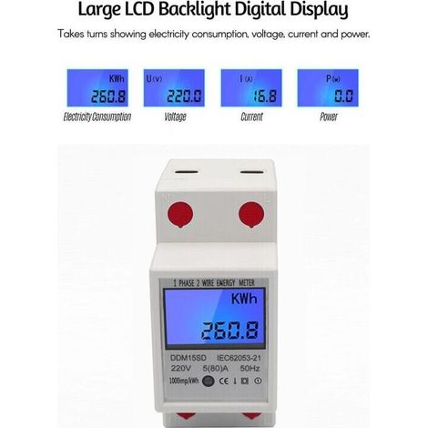 Contatore EDF monofase per montaggio su guida DIN 5-80A 220V 50Hz, contatore elettronico kWh con display digitale LCD retroilluminato DDM15SD, bianco - bianco (1/4)