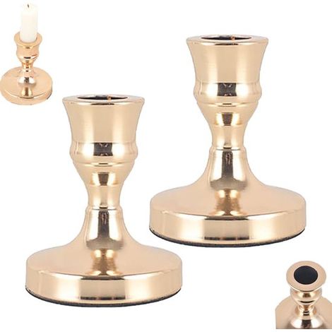 Lot de 2 chandeliers dorés - Base stable - Chandelier en alliage - Dimensions : 3,5 x 9 cm - Style vintage - Décoration de table - Convient aux bougies coniques - Idéal pour les mariages, banquets et (1/5)