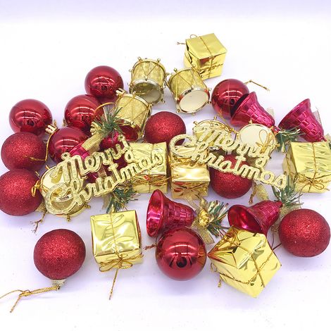 Rote Weihnachtskugeln, Christbaumschmuck, Mini-Weihnachtskugeln, unzerbrechliche Kunststoffglöckchen, Mini-Goldtrommelanhänger, 32er-Set (1/5)