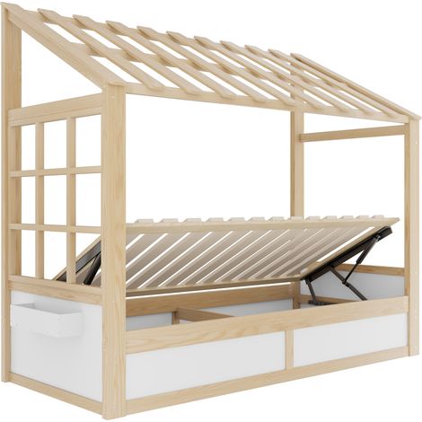 Cama cabaña infantil 90 x 200 cm con techo, ventana y almacenaje, madera blanca (1/5)