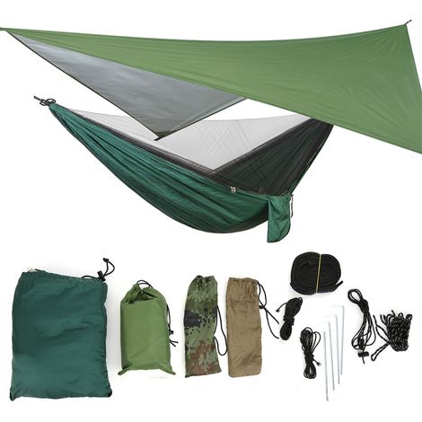 Filet anti-moustique suspendu pour jardin extérieur, kit hamac portable pour camping et voyage (couleur des piquets aléatoire, auvent vert militaire et hamac vert foncé) (1/5)