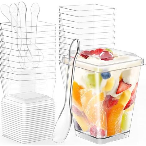 Set de 20 mini-coupes à dessert – Avec couvercles et cuillères – Réutilisables – Pour pudding, glace et fruits – Transparent (1/5)