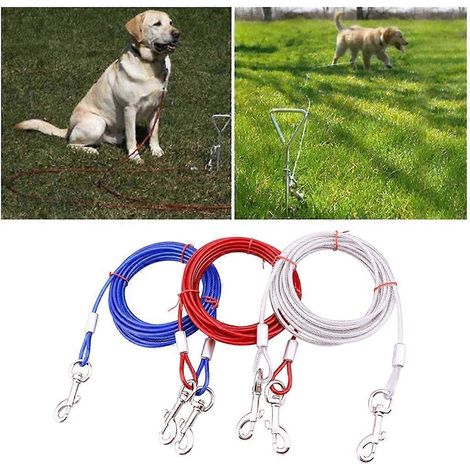Câble d'attache pour chien avec piquet et émerillons à 360° - Câble en acier anti-nœuds de 5 m - Rouge (1/4)