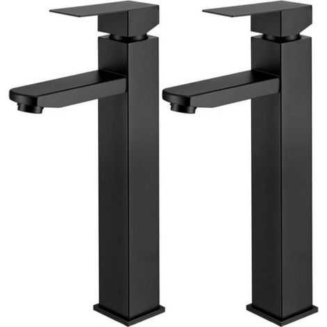 2x schwarze Waschtischarmatur, hohe Waschtischarmatur mit quadratischem Griff, Edelstahl-Handwaschtischarmatur