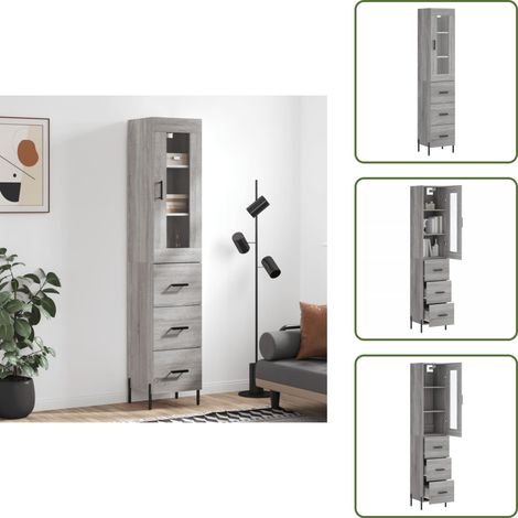 Highboard Grau Sonoma 34,5x34x180 cm Holzwerkstoff - Helles Wohnaccessoire - Sideboard Grau - Hochschrank - Regal - Aufbewahrung (1/5)