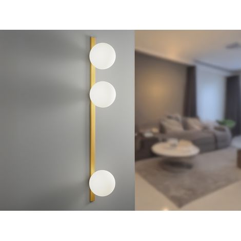 Große LED Wandleuchte 3-flammig Gold mit Glaskugeln Opalweiß, Höhe 90cm