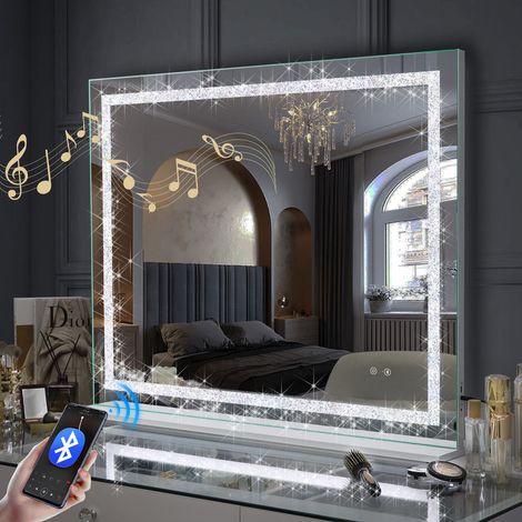 FENCHILIN Miroir avec Lumière miroir avec Bluetooth peut ajuster 3 effets de lumière accrocher mur / Bureau double usage maquillage Miroir salle de bains miroir grande taille blanc 100cm X 80cm
