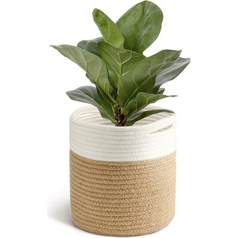 Weißer und gelber Pflanzenkorb, 32 x 32 x 32 cm, 1 gewebter Baumwollkorb zur Aufbewahrung von Zimmerpflanzen, Wohnaccessoire (1/5)