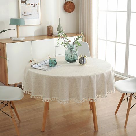 Shining House – Nappe ronde 120 cm en lin et coton – Anti-tache lavable – Glands décoratifs – Pour salle à manger, mariage, anniversaire, table basse (1/5)