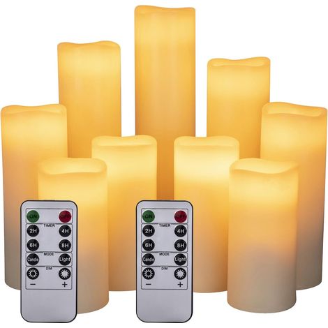 LED Kerzen Set von 9 Flammenlose Kerzen Batteriebetriebene Kerzen D2.2xH 4 "5" 6 "7" 8 "9" Echtwachssäule Kerzen Flackern mit Fernbedienung und Timer-Steuerung, Elfenbein Farbe（9x1） (1/5)