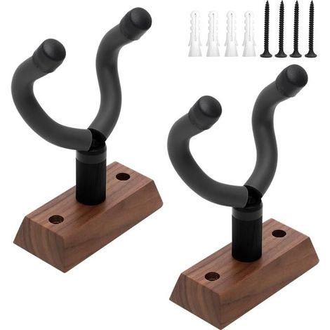 Support mural pour guitare - Crochet pour guitare - Présentoir pour instrument de musique - Bois de noyer massif - Ensemble de 2 pièces - Noir (1/5)