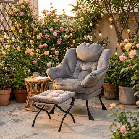 Relaxsessel mit Hocker und Seitentasche, Bequemer Ohrensessel Fernsehsessel mit Armlehnen, Loungesessel für Wohnzimmer & Schlafzimmer