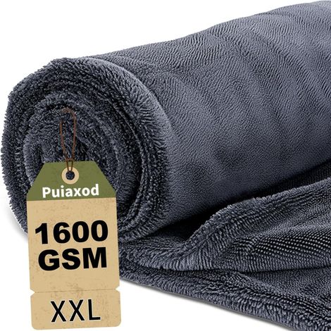 90x60cm Chiffon Microfibre Séchage Voiture, 1600GSM Serviette Microfibre pour Auto, XXL Sechage Voitures, Ultra Absorbant, doux et Sans Peluches, Non Pelucheux – pour Voiture Moto Bateau Camion, Gris (1/5)