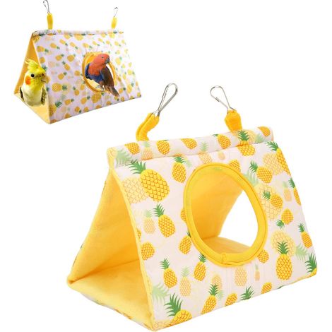 Hamac pour Oiseaux de Compagnie Hiver Chaud, Lit d'Oiseau en Peluche Grotte, Motif Ananas Jaune, pour Perroquet Perruche Calopsitte Cacatoès Inséparable (1/4)