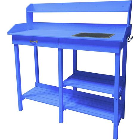 Table multiusages lasurée Habrita Foresta TAB 1105 couleur bleue utilisable en table rempotage ou table cuisine 117x45x121cm