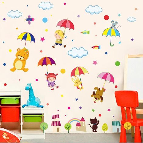 Autocollant mural parapluie animaux de dessin animé, papier peint pour chambre (1/4)