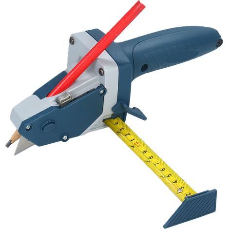 Outil de coupe tout-en-un pour plaques de plâtre avec mètre ruban et couteau utilitaire. Permet de marquer et de couper les bardeaux de plaques de plâtre, les dalles isolantes, la moquette et la mouss (1/5)