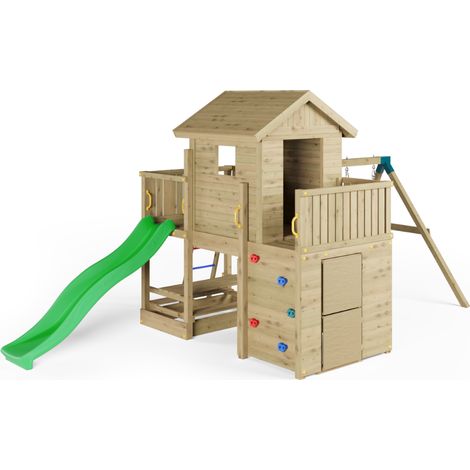 Casetta parco giochi in legno Fungoo Multifort con scivolo, due altalene e arrampicata (1/5)
