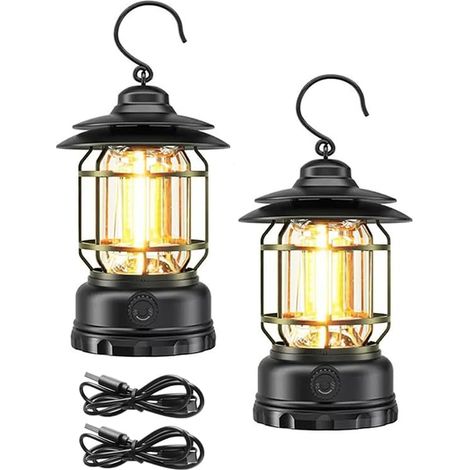 Lot de 2 lanternes de camping rechargeables, lumière de tente LED portable avec intensité variable en continu, design vintage étanche, éclairage à 360°, charge rapide USB-C, décoration
