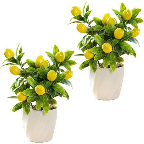 Bonsaï de fruits simulés de citron, fausse plante verte artificielle, décoration de maison pour salon, 2 pièces (1/5)