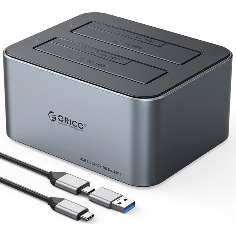 Station d'accueil double pour disques durs en aluminium, USB 3.2 Gen 2 pour SSD SATA 2,5/3,5", 2 baies, bloc d'alimentation 12 V 3 A, prend en charge 2 x 18 To, sans outil (6626C3) (1/5)