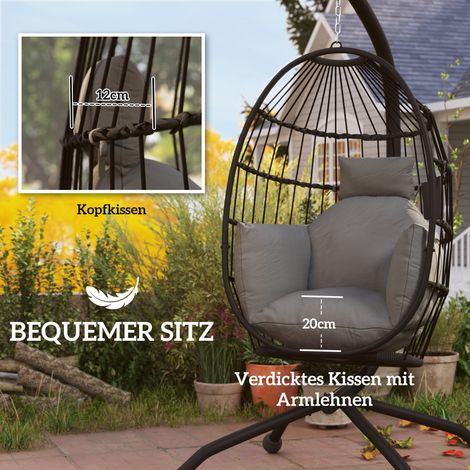 Fauteuil suspendu extérieur en rotin pliant, coussins épais, repose-tête, support, porte-verre, noir