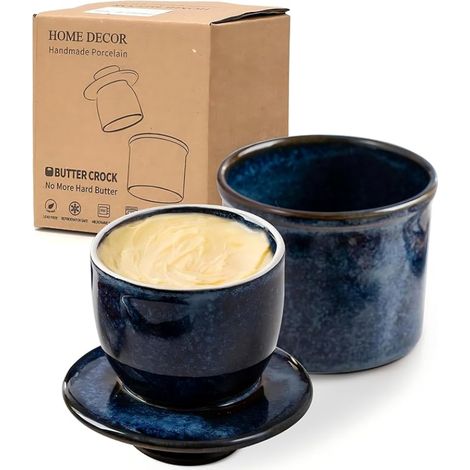Beurrier à glaçure réactive, beurrier à la française avec couvercle pour plan de travail, doté d'une ligne de niveau d'eau pour un beurre frais et tartinable — Bleu réactif