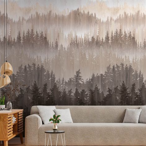 Fototapete Profhome 391812 heißgeprägte Vliestapete glatt mit Waldmotiv matt braun beige-grau creme-weiß 1,59 m x 2,8 m