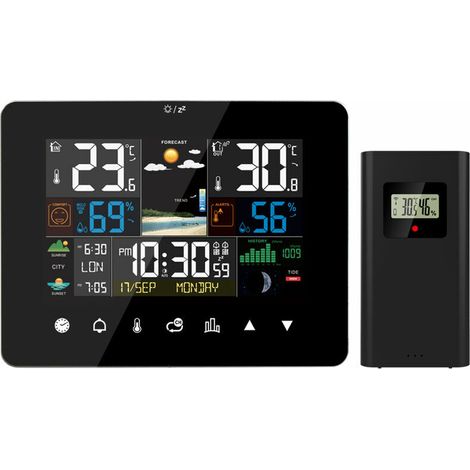 royaluxe - Station météo lever et coucher du soleil réveil multifonction thermomètre hygromètre fonctionnement à écran tactile avec capteur extérieur sans fil (1/5)