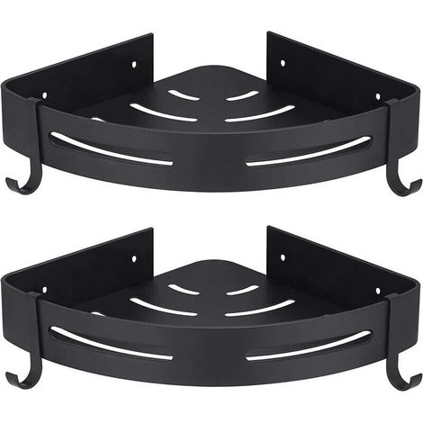 Support douche d'angle sans perçage avec crochets rangement salle bain accessoires porte-savon lot de 2 Noir (1/4)