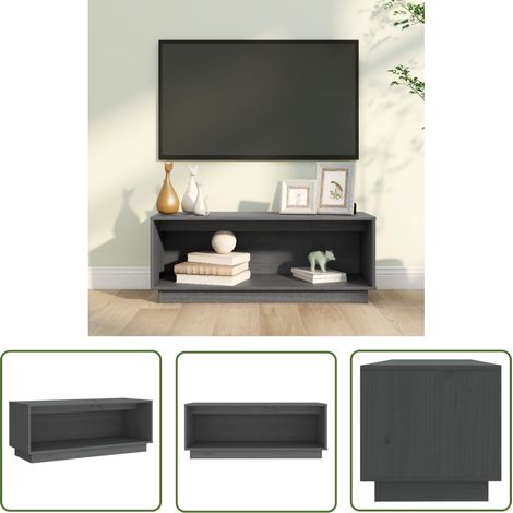 The Living Store Meuble TV Gris 90x35x35 cm Bois de pin massif - Meubles Tv - Meuble Tv - Armoire Tv - Télévision - Design Moderne (1/5)