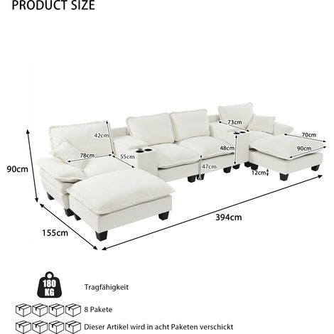 Canapé modulable Cloud U chenille beige avec 2 consoles rangement, porte-gobelets, USB, 2 poufs, 2 coussins