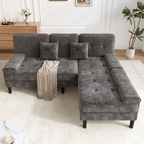 [oldsku:ZR21989G-L-shaped modular design] Divano angolare a L in ciniglia, divano a tre posti multifunzionale con chaise longue e funzione letto, poggiapiedi mobile, larghezza 195 cm, ideale per appar (1/5)
