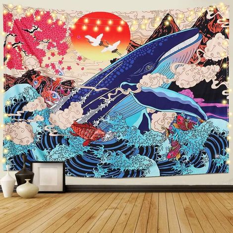 Japonais Ukiyo-e Tapisserie Vague Mer Koi Tapisserie Murale Grande Baleine Animal Coucher Du Soleil Paysage Tapisserie Tenture Murale Décoration Pour Chambre Salon(Vague, L/150cm x 200cm) (1/5)