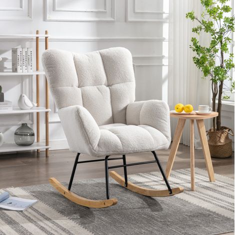 Mecedora estilo mid-century tela Teddy blanca, para salón y dormitorio (1/5)