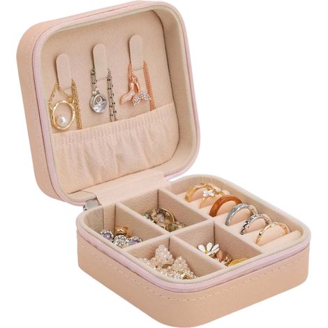 Boite De Rangement Pour Bijoux - 10x10x5 5 Cm - Doublure En Velours Perle - Fermeture Eclair Metallique - Rose - 1 Piece