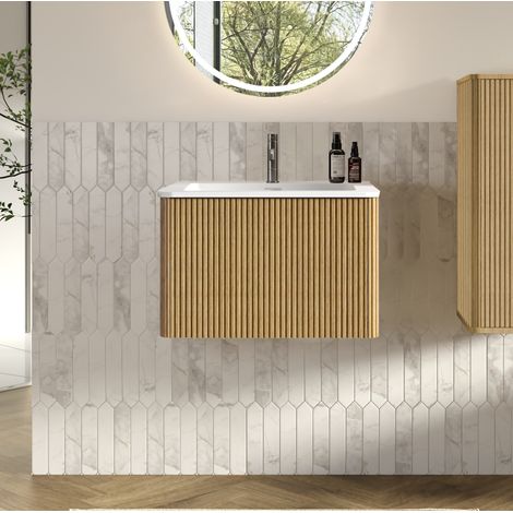 Mobiletto sospeso da 60 cm per bagni di piccole dimensioni, cassetti con apertura a pressione, MDF effetto rovere. (1/5)