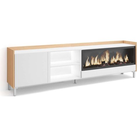 Mueble TV Tolox-01 de 212x61x35 cm con chimenea eléctrica y luces LED, diseño industrial, color blanco y roble soft (1/4)