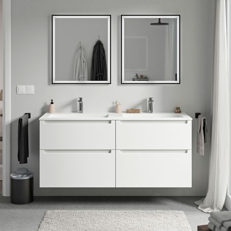 Unterschrank Bernstein VIREO 140cm mit Mineralguss Waschbecken BRUXELLES Badmöbel: Weiß matt, Waschbecken: Weiß matt mit Hahnloch