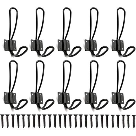 Crochet Mural - Crochet Double En Fer Et Acier Noir - Pour Entrée Couloir Salle De Bain Chambre - Lot De 12 Avec Vis (1/5)