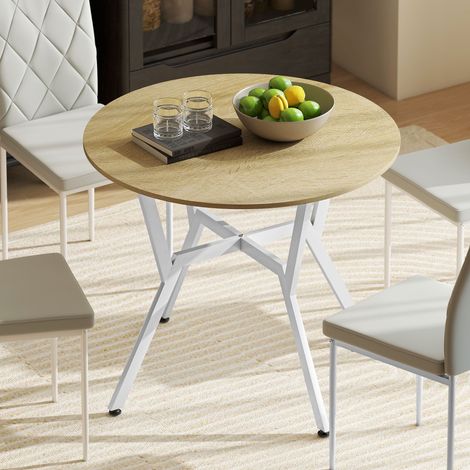 Mesa de Comedor Redonda para 2 Personas Mesa de Cocina Industrial Patas Curvadas de Acero 90x90x76 cm Natural y Blanco (1/5)